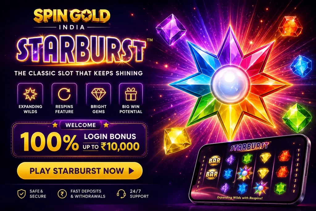 Starburst slot guide banner for Spin Gold India with bright gemstone reels, purple casino background and golden Indian-style gaming accents.